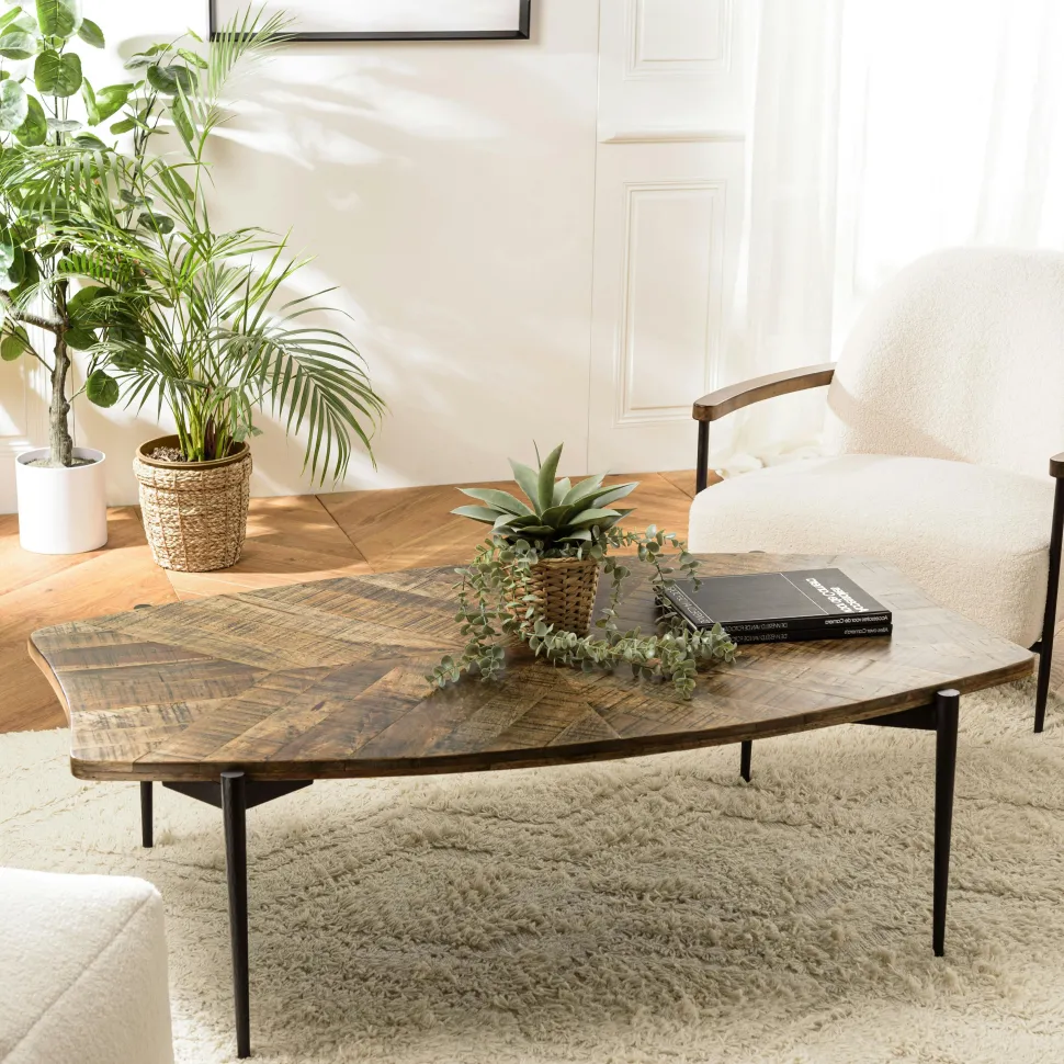 Table basse ronde bois recyclé motif éventail 80 cm KORKAI