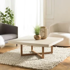 Table basse ronde béton beige pieds bois croisés DIKA