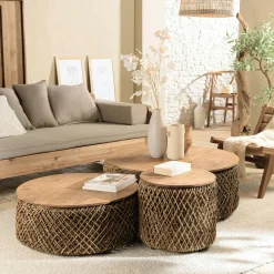 Table basse ronde de jardin bambou et béton 80 cm HERCULE
