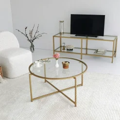 Table basse ronde design - verre & métal doré TULUM
