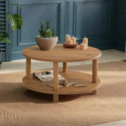 Table basse ronde double plateau effet bois de pin MARFA