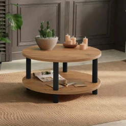 Table basse ronde double plateau effet pin détail noir MARFA