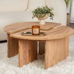 Table basse ronde effet bois de pin – design puzzle MARFA