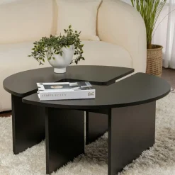 Table basse ronde effet bois de pin – design puzzle MARFA