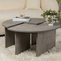 Table basse ronde effet bois de pin – design puzzle MARFA