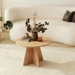 Table basse ronde effet bois clair & pieds trapèze MARFA