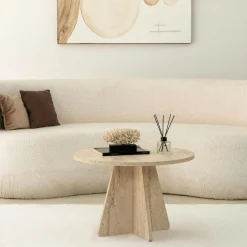 Table basse ronde effet noyer & pieds trapèze MARFA