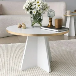 Table basse ronde effet travertin & pieds trapèze MARFA