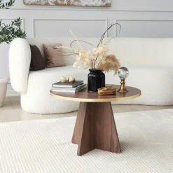 Table basse ronde effet travertin & pieds trapèze MARFA