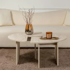 Table basse ronde effet travertin - design puzzle MARFA
