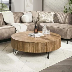 Table basse ronde en bois de manguier strié Ø120 cm CREEK