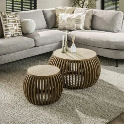 Table basse ronde en bois de manguier et céramique (lot de 2) ASCOLI