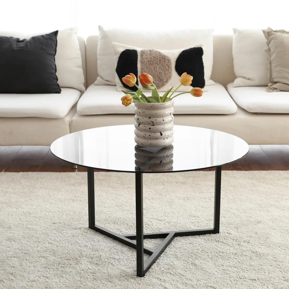 Table basse ronde en verre, pied noir 3 branches TULUM
