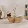Table basse ronde en verre pied croisé effet bois SALTA