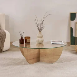 Table basse ronde en verre pied croisé effet bois SALTA