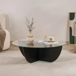 Table basse ronde en verre pied croisé effet bois SALTA