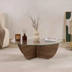 Table basse ronde en verre pied croisé effet bois SALTA