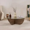 Table basse ronde en verre pied croisé effet noyer SALTA