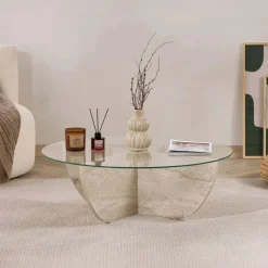 Table basse ronde en verre pied croisé effet travertin SALTA