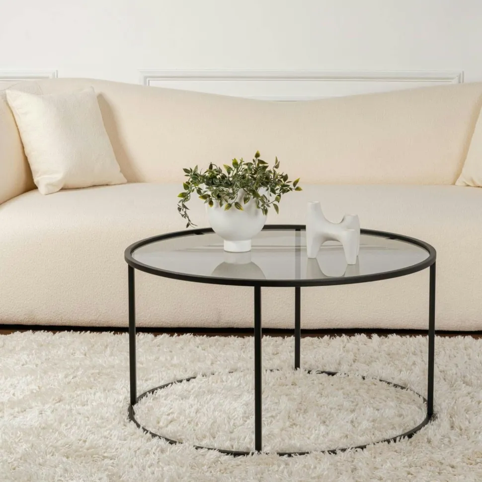 Table basse ronde en verre – cadre noir ⌀80 cm TULUM