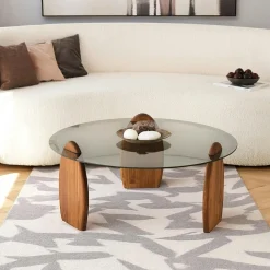 Table basse ronde en verre fumé - 3 pieds bois brun ANZIO