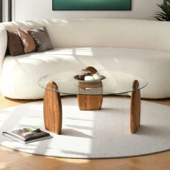 Table basse ronde en verre fumé - 3 pieds bois brun ANZIO