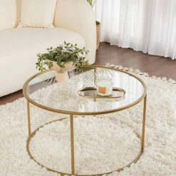 Table basse ronde en verre – cadre doré ⌀80 cm TULUM