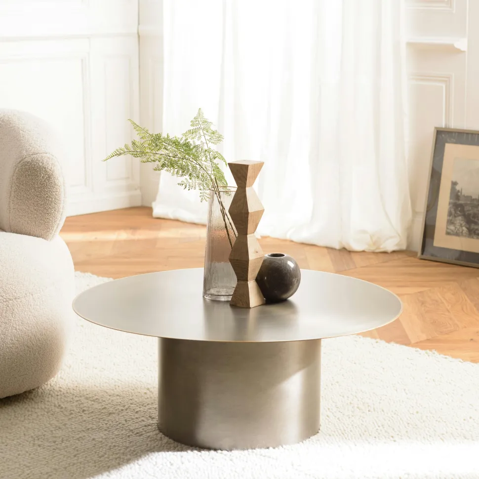 Table basse ronde métal argenté bord doré D120 cm ZALA