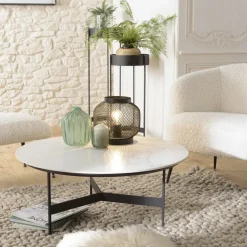 Table basse ronde plateau blanc pierre marbrée CORUMBA