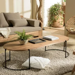 Table basse ronde plateau teck recyclé avec rebord 76,5 cm SWING