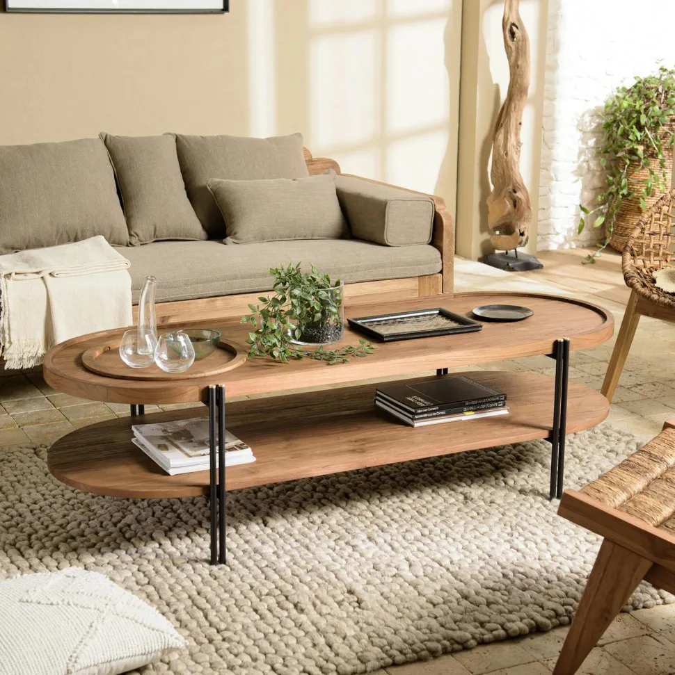 Table basse ronde plateau teck recyclé avec rebord 76,5 cm SWING
