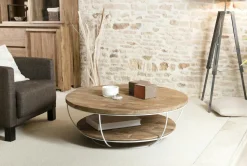 Table basse ronde teck recyclé et métal double plateau D80cm SWING