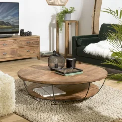 Table basse ronde teck recyclé structure filaire blanche 2 plateaux SWING