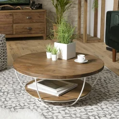 Table basse ronde teck recyclé structure filaire blanche 2 plateaux SWING