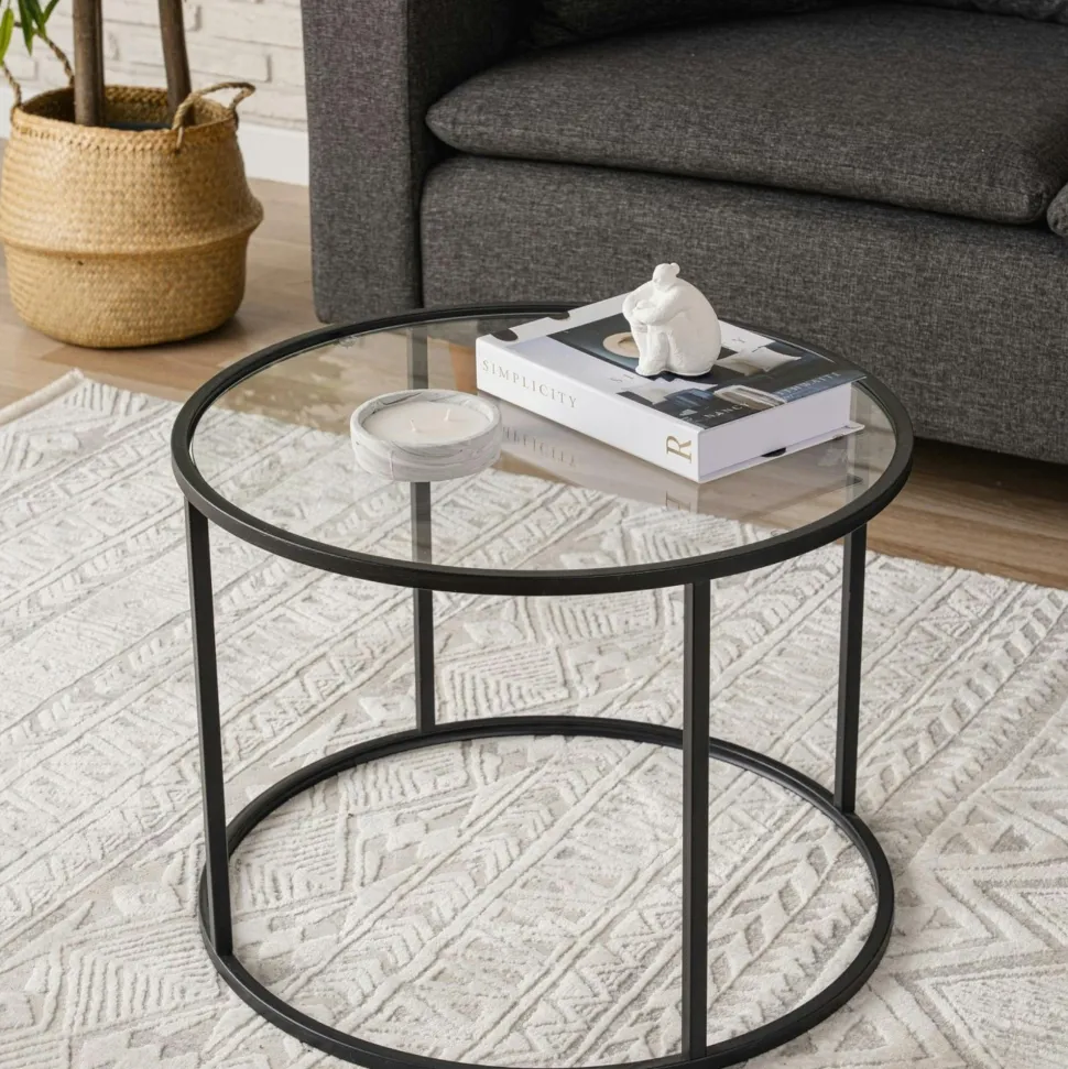 Table basse ronde verre ⌀60 cm - structure métal noir TULUM