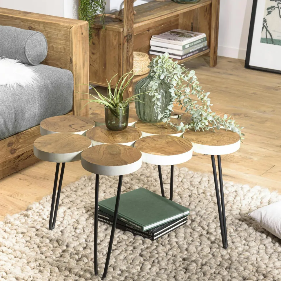 Table basse rondelles en teck recyclé 80 cm