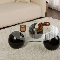 Table basse verre ambré bords arrondis - 4 pieds noirs KOCHI
