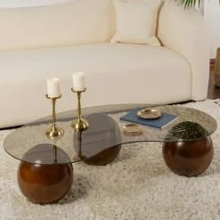Table basse verre ambré design – 3 pieds boules marrons KOCHI