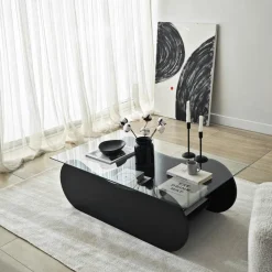 Table basse verre base luge effet travertin avec niche SALTA