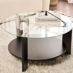 Table basse verre double plateau - effet bois noir SALTA
