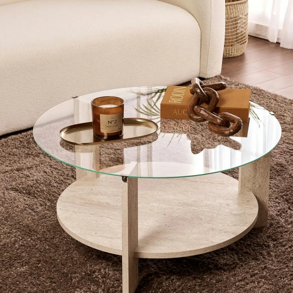 Table basse verre double plateau - effet travertin SALTA