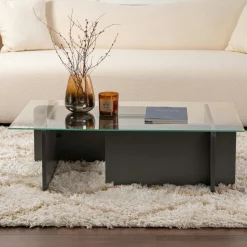 Table basse verre déstructurée – base effet bois noir SALTA