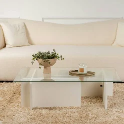 Table basse verre déstructurée – base effet bois blanc SALTA