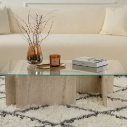 Table basse verre déstructurée – base effet travertin SALTA