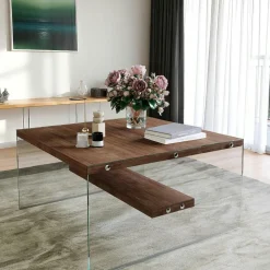 Table basse verre et bois - plateaux bruns suspendus LHASA