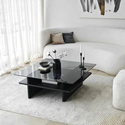 Table basse verre fumé carrée, base noire SALTA
