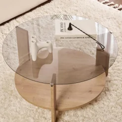 Table basse verre fumé double plateau - effet chêne SALTA