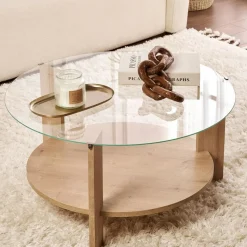 Table basse verre fumé double plateau - effet chêne SALTA