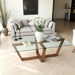 Table basse verre trempé - pied croisé en bois gris foncé LHASA