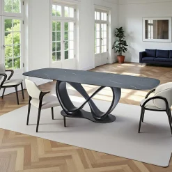 Table céramique marbrée pied ruban bois noir 220 cm ALDER